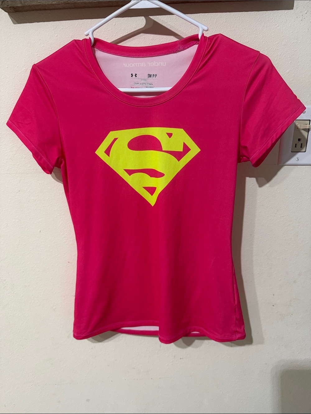 Under Armour Superman Hot Pink Short Sleeve Tee with Neon Yellow Graphic